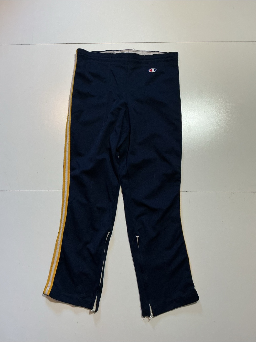 Vintage Champion Made In USA Pleated Nylon Striped Navy Athletic Track Pants